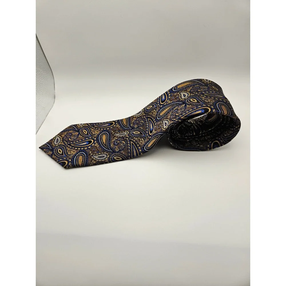 Enro‎ Platinum+ Mens Silk Necktie Gold Royal Blue Black Paisley Woven Tie
